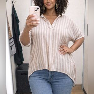 Striped Linen and Cotton Boxy Cut Top Sz L | Coastal Grandmother Oversized Tunic